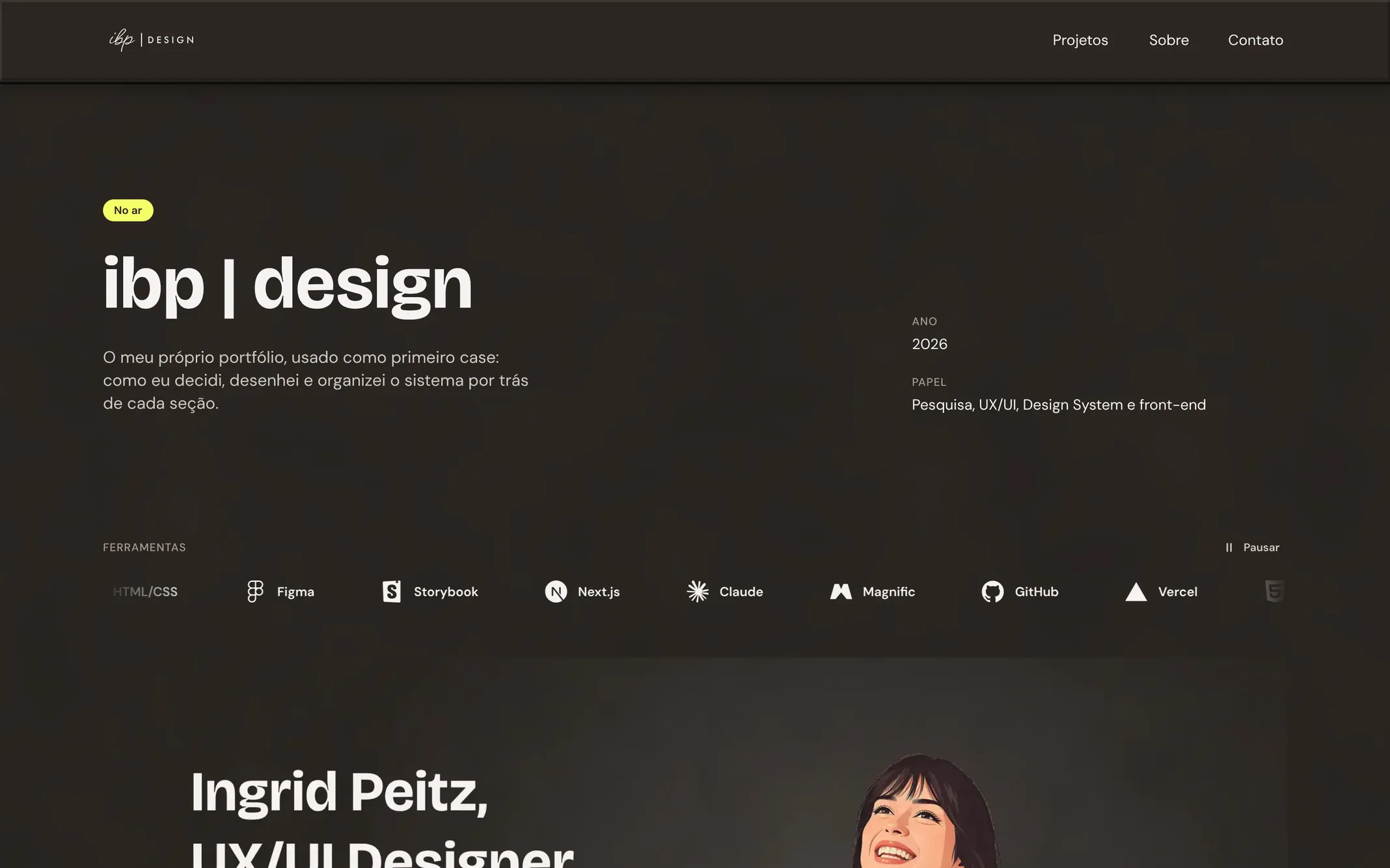 Topo desta página no desktop: título “ibp | design”, resumo, ano, papel e ferramentas.