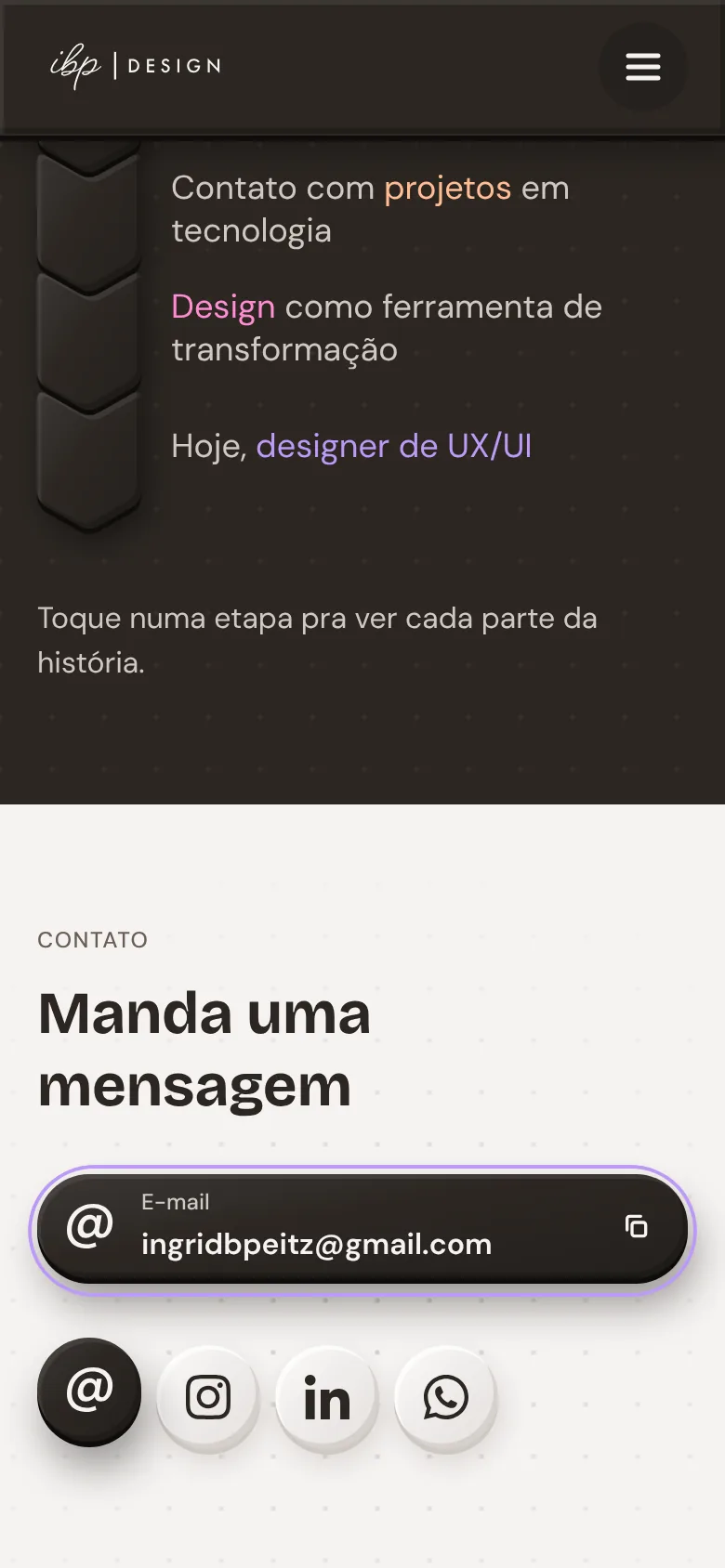 Contato no celular: o título “Manda uma mensagem” e os canais, com o e-mail aberto.