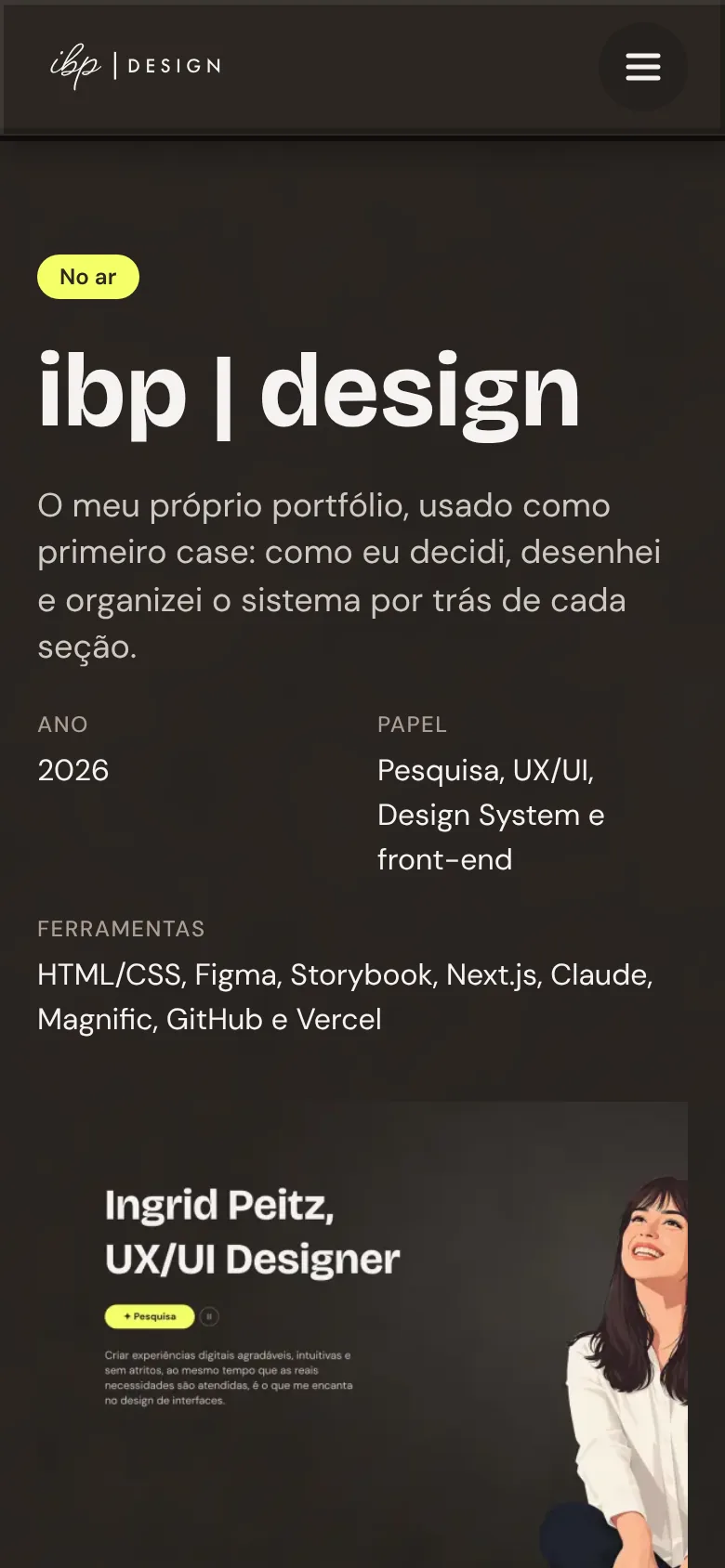 Topo desta página no celular: título “ibp | design”, resumo, ano, papel e ferramentas.